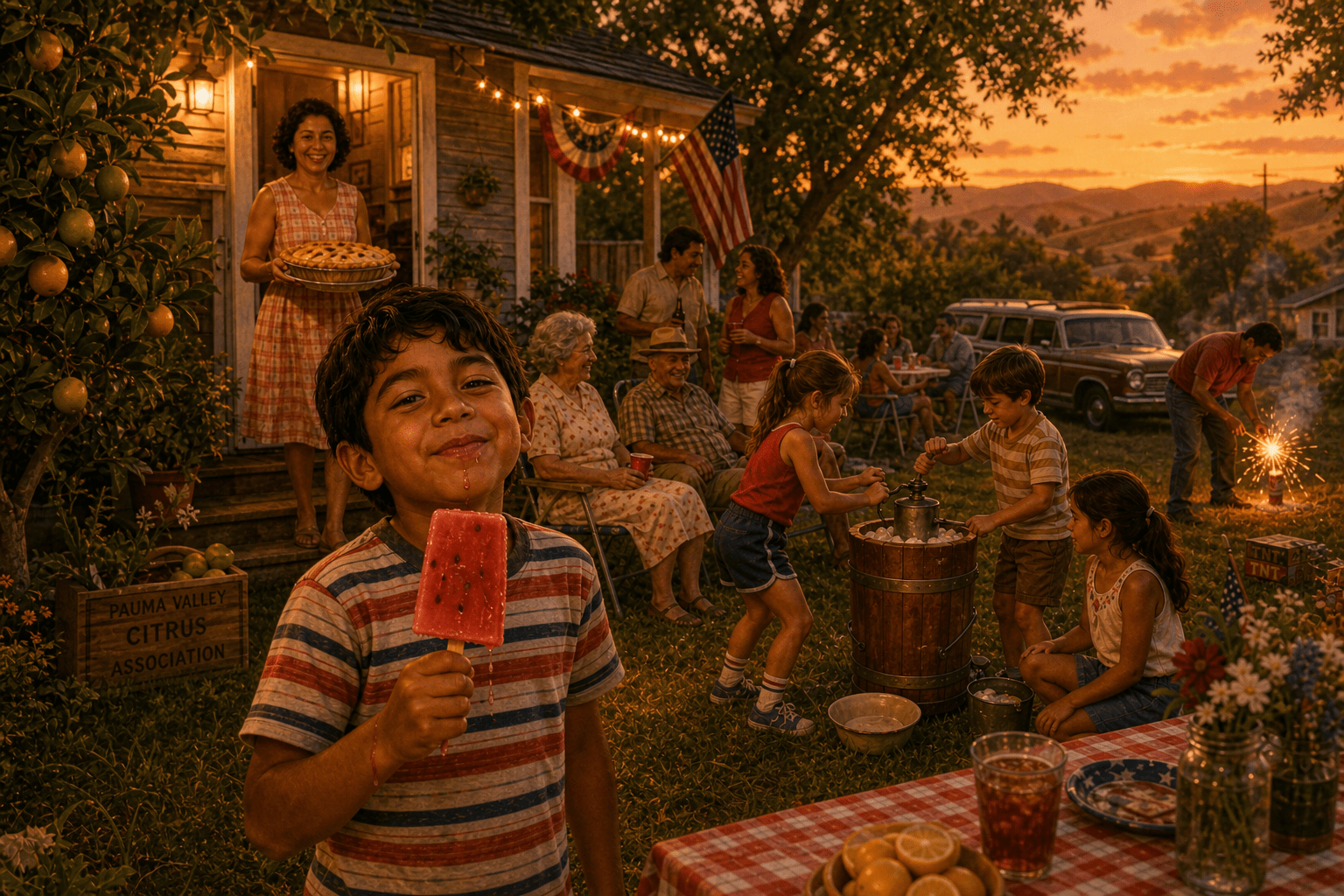 A warm, painterly illustration in golden-hour Americana style, evoking the mid-1980s. A backyard Fourth of July gathering at dusk, a multi-generational family, some members Caucasian, some Latino, all mixed together warmly with no visual separation between "host family" and "guests." A hand-crank ice cream churn sits in the grass, children taking turns at the handle. A woman carries out a homemade peach pie from the kitchen door. In the foreground, a young Latino boy holds a watermelon popsicle (paleta de sandía), seeds visible, dripping slightly in the summer heat. In the background, a man is lighting modest home fireworks, sparks catching the last light of sunset, while a distant fire truck's lights are just becoming visible down the road. Warm amber, peach, and dusty gold color palette. Nostalgic, intimate, cinematic wide shot. No text, no logos, emotionally warm rather than dramatic.
